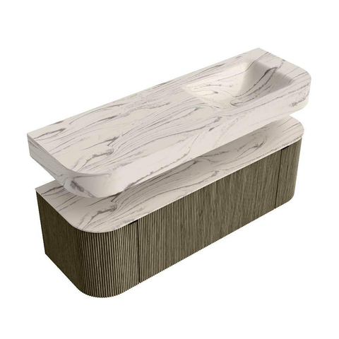 MONDIAZ THOR-DLUX 140cm badmeubel ronding links + rechts kleur Shadow met 1 lade en 2 deuren. Vrijhangende wastafel CLOUD Rechts 1 kraangat kleur Nata. SW1464255