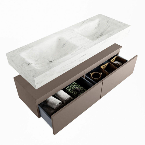 Mondiaz ALAN-DLUX Ensemble de meuble - 130cm - meuble Smoke mat - 2 tiroirs - Lavabo Cloud Opalo suspendu - vasque Gauche et droite - 2 trous de robinet SW806727