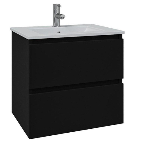 Saniclass Chaci Meuble de salle de bain - 60x46x55cm - lavabo en céramique blanc - 1 vasque - 1 trou de robinet - 2 tiroirs - armoire miroir - noir mat SW826908