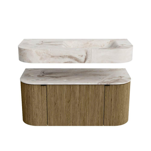 MONDIAZ THOR-DLUX 100cm meuble de salle de bains arrondi gauche + droite couleur Dusk avec 1 tiroir et 2 portes. Vasque suspendue CLOUD droite 1 trou de robinet couleur Frappe. SW1467392