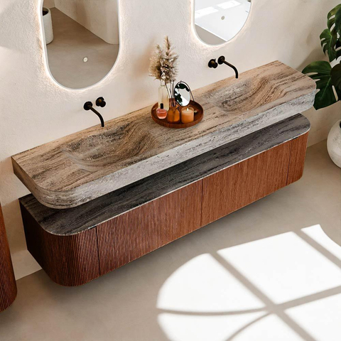 MONDIAZ THOR-DLUX 200cm meuble de salle de bains arrondi gauche + droite couleur Ruby avec 2 tiroirs et 2 portes. Vasque suspendue CLOUD Double sans trou de robinet couleur Oza. SW1467200