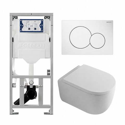 QeramiQ Dely Swirl Pack WC - 36.5x53cm - réservoir encastré Geberit UP320 - 35mm Abattant WC - plaque de déclenchement sigma blanche - boutons ronds - blanc brillant SW1138670