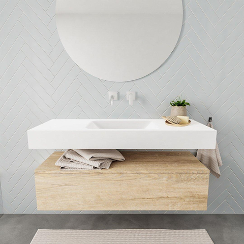 MONDIAZ ALAN 120cm - onderkast - washed oak - 1 lade - vrijhangende wastafel - wasbak midden - 0 kraangaten - talc SW408568