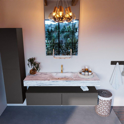 Mondiaz ALAN-DLUX Ensemble de meuble - 150cm - meuble Dark grey mat - 2 tiroirs - Lavabo Cloud Glace suspendu - vasque Centre - 1 trou de robinet SW805742
