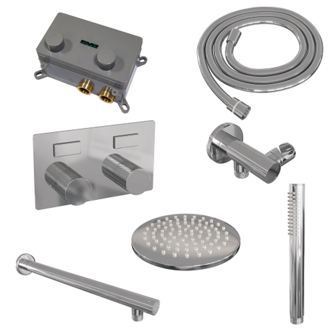 BRAUER Chrome Carving Douche de pluie thermostatique encastrée - boutons poussoirs - SET 49 - pomme de douche 20cm - bras mural droit - douchette à main barre - flexible de douche - coude mural de raccordement - chrome SW925501