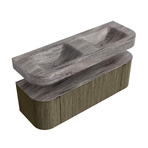 MONDIAZ THOR-DLUX 140cm meuble de salle de bains arrondi gauche + droite couleur Shadow avec 1 tiroir et 2 portes. Vasque suspendue CLOUD Double 2 trous de robinet couleur Oza. SW1464293