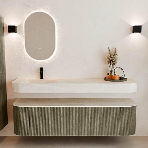 MONDIAZ THOR-DLUX Meuble de salle de bains 170cm arrondi gauche + droite couleur Shadow avec 1 tiroir et 2 portes. Vasque suspendue CLOUD Gauche 1 trou de robinet couleur Meli. SW1465762