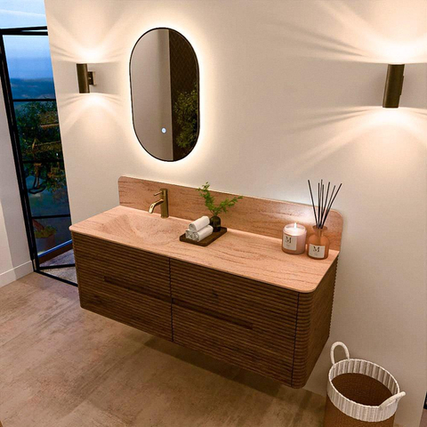 Mondiaz CIRO-DLUX Badkamermeubelset - 140x45x50cm - Solid surface wastafel Saba - 1 wasbak Links - 1 kraangat - 4 lades - Dusk SW1533342