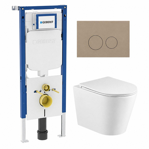 QeramiQ Dely Toiletset - 36.3x51.7cm - diepspoel - rimless - Geberit UP720 inbouwreservoir - softclose toiletzitting - bedieningsplaat taupe - ronde knoppen - met Burda frame - mat wit SW1428209