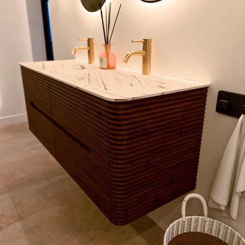 Mondiaz CIRO-DLUX Badkamermeubelset - 130x45x50cm - Solid surface wastafel Nata - 2 wasbak Dubbel - 2 kraangaten - 4 lades - Ruby SW1532098
