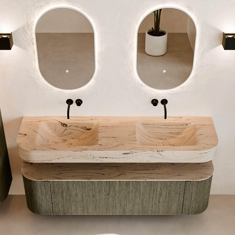 MONDIAZ THOR-DLUX 160cm meuble de salle de bains arrondi gauche + droite couleur Shadow avec 1 tiroir et 2 portes. Vasque suspendue CLOUD Double sans trou de robinet couleur Arena. SW1465135
