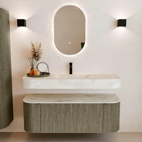 MONDIAZ THOR-DLUX 130cm meuble de salle de bains arrondi gauche + droite couleur Shadow avec 1 tiroir et 2 portes. Vasque suspendue CLOUD Milieu 1 trou de robinet couleur Ostra. SW1463765