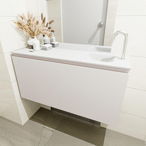 MONDIAZ OLAN Kit lave-mains - 100x30x40cm - 1 trou de robinet - 1 tiroir - lin mat - lavabo à droite - Solid Surface Blanc SW473406