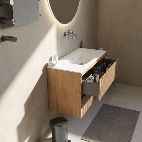 Saniclass Holz Atelier Badkamermeubelset - 100x45x61.5cm - Flow solid surface wastafel wit - 1 wasbak - zonder kraangat - 2 lades - mat eiken natural (hout) SW1478393