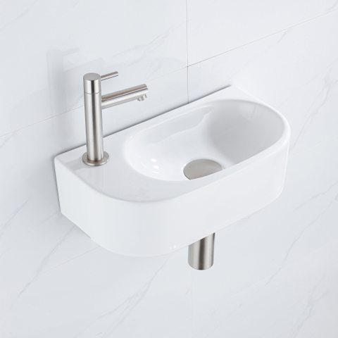 QeramiQ Fuente pack lave-mains – 40 x 21,5 x 12 cm – céramique blanc brillant – perçage à gauche – robinet inox brossé SW1232808