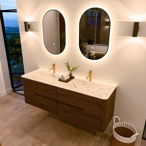 Mondiaz CIRO-DLUX Badkamermeubelset - 150x45x50cm - Solid surface wastafel Nata - 2 wasbak Dubbel - 2 kraangaten - 4 lades - Dusk SW1533235