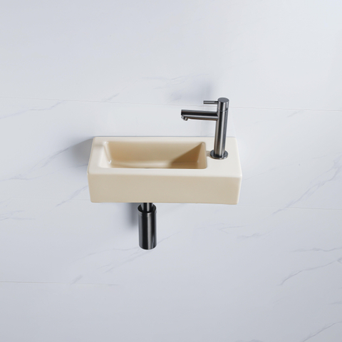 FugaFlow Efficiente Pietra Ensemble de fontaine - 37,5x18,5x9cm - céramique - trou de robinet à droite - robinet de fontaine gunmetal - bouchon de vidange - siphon abaissé - Beige mat SW1442300