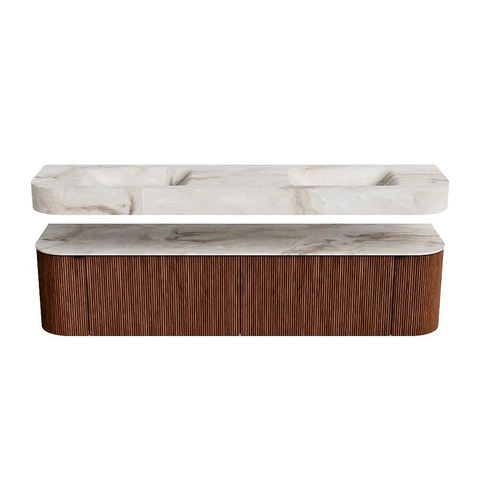MONDIAZ THOR-DLUX Meuble de salle de bains 190cm arrondi gauche + droite couleur Ruby avec 2 tiroirs et 2 portes. Vasque suspendue CLOUD Double sans trou de robinet couleur Frappe. SW1466487