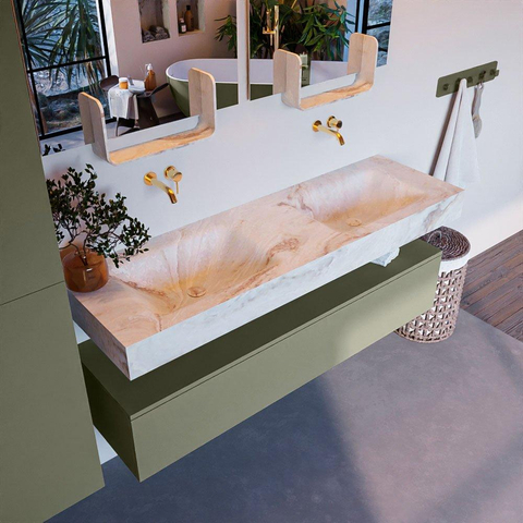 Mondiaz ALAN-DLUX Ensemble de meuble - 150cm - meuble Army mat - 1 tiroir - Lavabo Cloud Frappe suspendu - vasque Gauche et droite - 0 trous de robinet SW805655