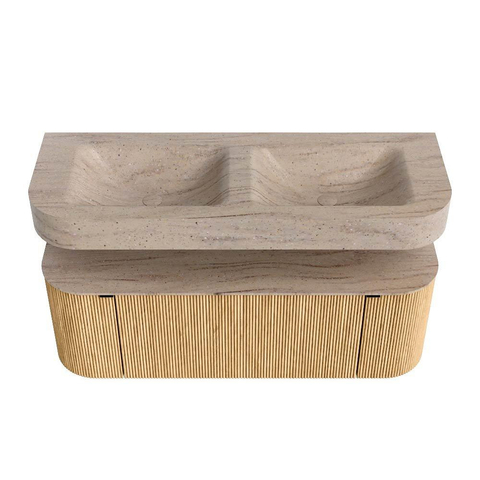 MONDIAZ THOR-DLUX Meuble de salle de bains - 130cm - arrondi gauche + droite - couleur Oak - 1 tiroir et 2 portes - Vasque suspendue CLOUD Double sans trou de robinet - couleur Saba SW1464042