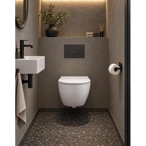 QeramiQ Dely Swirl Compact Toiletset - inbouwreservoir QeramiQ flush - slim zitting - kunststof bedieningsplaat mat antraciet - rechthoekige knoppen - mat wit SW1590795