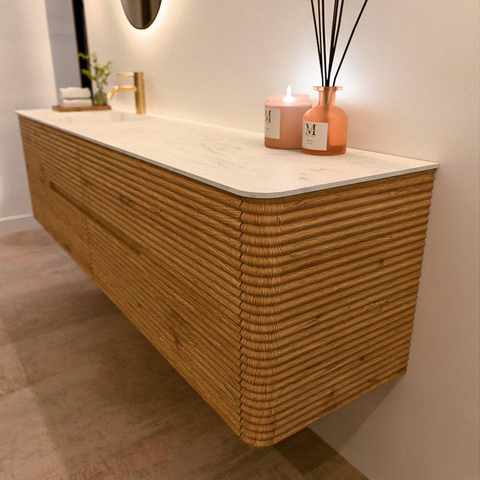 Mondiaz CIRO-DLUX Ensemble de meubles de salle de bains - 190x45x50cm - Plan vasque solid surface Opalo - 1 bassin à gauche - 1 trou de robinet - 4 tiroirs - Chêne SW1531041