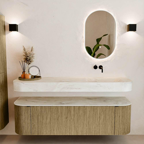 MONDIAZ THOR-DLUX 160cm meuble de salle de bains arrondi gauche + droite couleur Dusk avec 1 tiroir et 2 portes. Vasque suspendue CLOUD Droite sans trou de robinet couleur Ostra. SW1465242