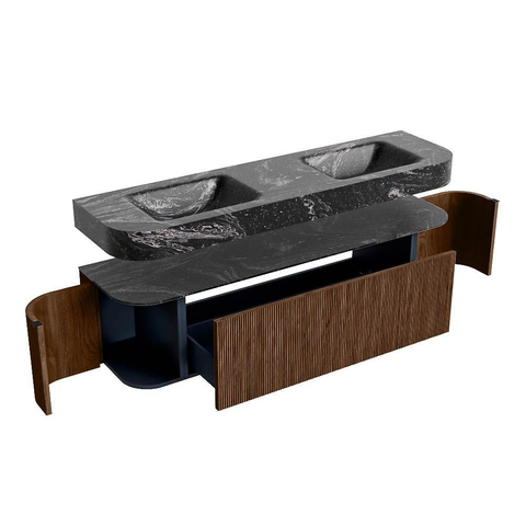 MONDIAZ THOR-DLUX 170cm meuble de salle de bains arrondi gauche + droite couleur Walnut avec 1 tiroir et 2 portes. Vasque suspendue CLOUD Double 2 trous de robinet couleur Lava. SW1465590