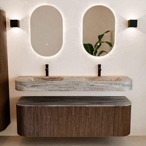 MONDIAZ THOR-DLUX 150cm meuble de salle de bains arrondi gauche + droite couleur Walnut avec 1 tiroir et 2 portes. Vasque suspendue CLOUD Double 2 trous de robinet couleur Oza. SW1464859