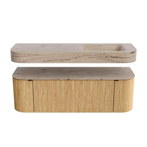 MONDIAZ THOR-DLUX 140cm badmeubel ronding links + rechts kleur Oak met 1 lade en 2 deuren. Vrijhangende wastafel CLOUD Rechts 1 kraangat kleur Arena. SW1464492