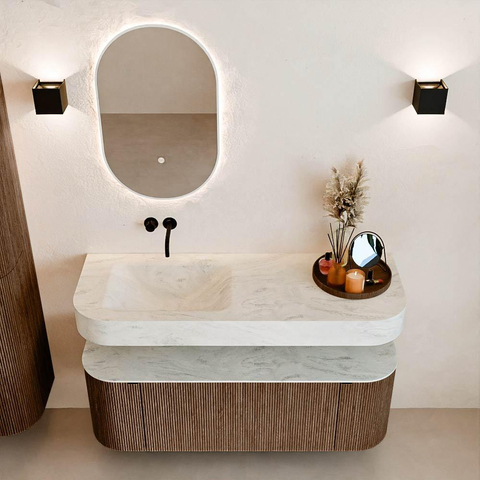 MONDIAZ THOR-DLUX 130cm meuble de salle de bains arrondi gauche + droite couleur Walnut avec 1 tiroir et 2 portes. Vasque suspendue CLOUD gauche sans trou de robinet couleur Opalo. SW1463595