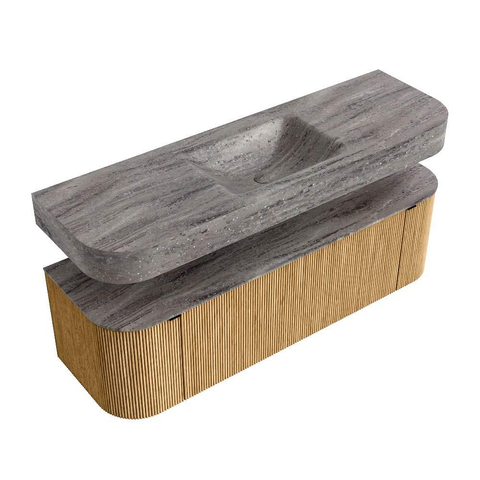 MONDIAZ THOR-DLUX 150cm badmeubel ronding links + rechts kleur Oak met 1 lade en 2 deuren. Vrijhangende wastafel CLOUD Midden 1 kraangat kleur Oza. SW1464848