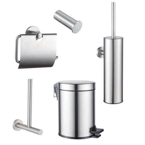Fortifura Calvi Ensemble WC 5 pièces - porte-rouleau de papier toilette - porte-rouleau de réserve - porte-brosse de toilette - patère - poubelle à pédale - Acier inoxydable brossé PVD SW1478233