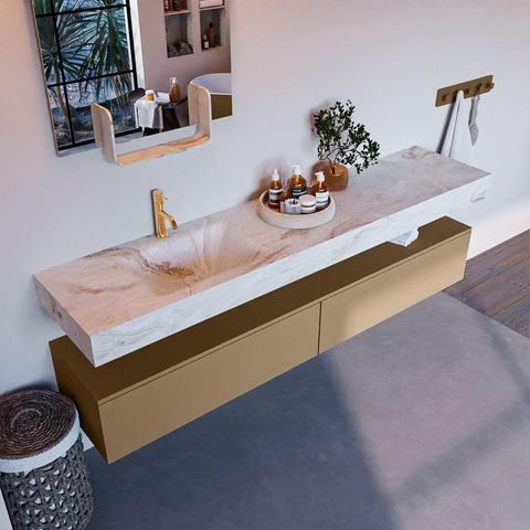 Mondiaz ALAN-DLUX Ensemble de meuble - 200cm - meuble Oro mat - 2 tiroirs - Lavabo Cloud Frappe suspendu - vasque Gauche - 1 trou de robinet SW805250