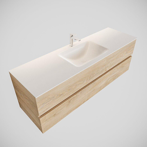 ENSEMBLE DE MEUBLE MONDIAZ VICA - 150 cm - 2 tiroirs - lavabo Cloud central - 1 trou de robinet - solid surface chêne blanchi SW409968