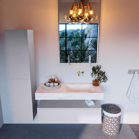 Mondiaz ALAN-DLUX Ensemble de meuble - 110cm - meuble Cale mat - 1 tiroir - Lavabo Cloud Ostra suspendu - vasque Droite - 0 trous de robinet SW807605