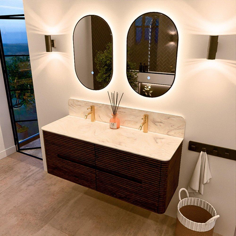 Mondiaz CIRO-DLUX Badkamermeubelset - 130x45x50cm - Solid surface wastafel Ostra - 2 wasbak Dubbel - 2 kraangaten - 4 lades - Walnut SW1530359