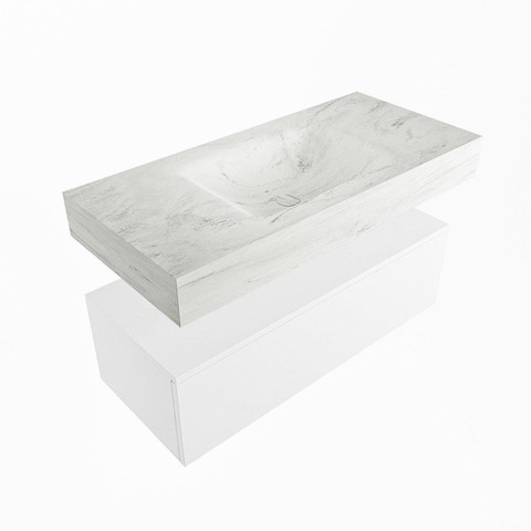 Mondiaz ALAN-DLUX Ensemble de meuble - 100cm - meuble Talc mat - 1 tiroir - Lavabo Cloud Opalo suspendu - vasque Centre - 0 trous de robinet SW806162