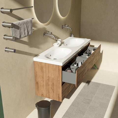 Saniclass Holz Pure Badkamermeubelset - 140x45x63.5cm - Palermo keramische wastafel wit - 2 wasbakken - zonder kraangaten - 4 lades - mat walnut pure (hout) SW1580128