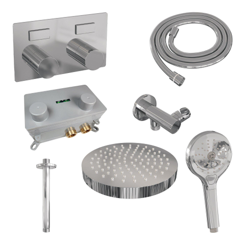 BRAUER Stripe Douche de tête thermostatique encastrée - boutons-poussoirs - SET 30 - pomme de douche 25cm - bras plafond - douchette 3 positions - flexible de douche - coude mural - chrome SW1434767