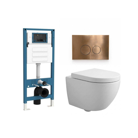 QeramiQ Dely Swirl Ensemble WC compact - réservoir encastré QeramiQ flush - abattant 25 mm - plaque de commande métallique cuivre - boutons ronds - blanc mat SW1590810