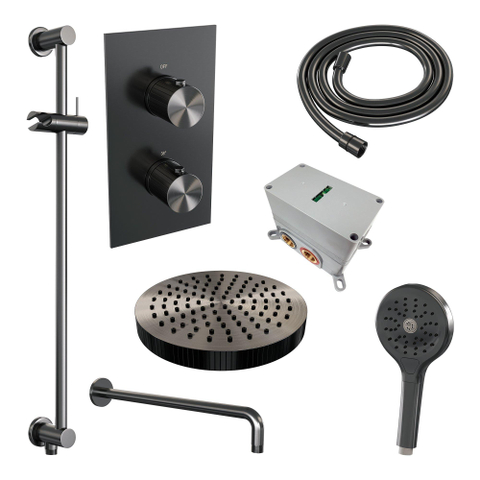 BRAUER Stripe Thermostatische Inbouw Regendouche - 3-weg - rechthoekig - SET 23 - 25cm douchekop - gebogen muurarm - 3-standen handdouche - doucheslang - geïntegreerde glijstang - gunmetal geborsteld PVD SW1435253
