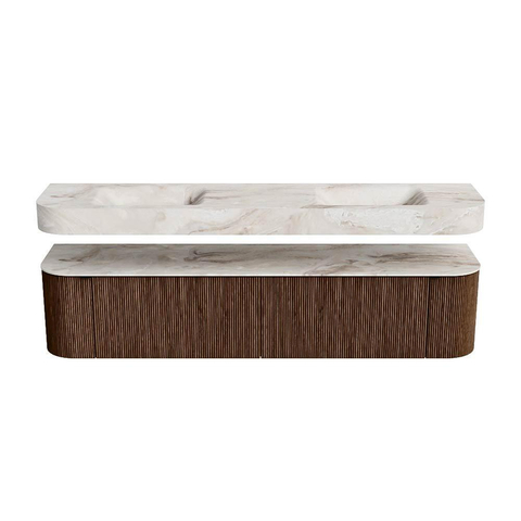 MONDIAZ THOR-DLUX 200cm badmeubel ronding links + rechts kleur Walnut met 2 lades en 2 deuren. Vrijhangende wastafel CLOUD Dubbel zonder kraangat kleur Frappe. SW1466973
