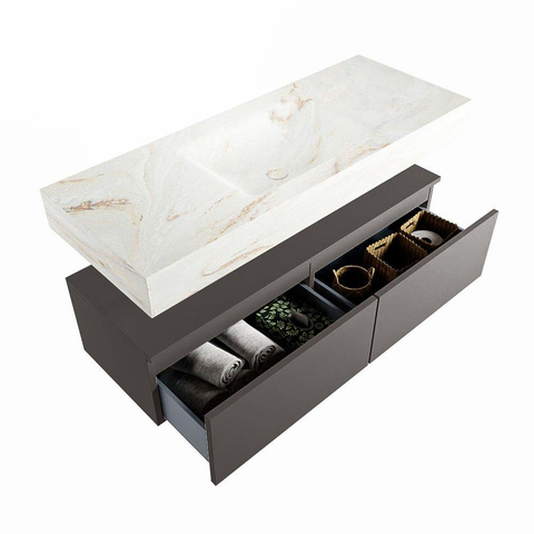 Mondiaz ALAN-DLUX Ensemble de meuble - 120cm - meuble Dark grey mat - 2 tiroirs - Lavabo Cloud Frappe suspendu - vasque Centre - 1 trou de robinet SW805357