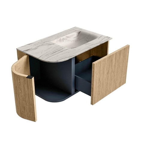 MONDIAZ KURVE-DLUX Meuble de salle de bains 75cm arrondi à gauche couleur chêne avec 1 tiroir et 1 porte. Lavabo GRUNNE à droite 1 trou de robinet Nata. SW1432064