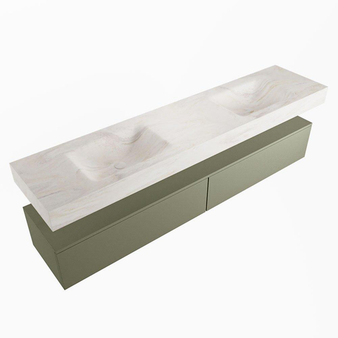Mondiaz ALAN-DLUX Ensemble de meuble - 200cm - meuble Army mat - 2 tiroirs - Lavabo Cloud Ostra suspendu - vasque Gauche et droite - 2 trous de robinet SW807622