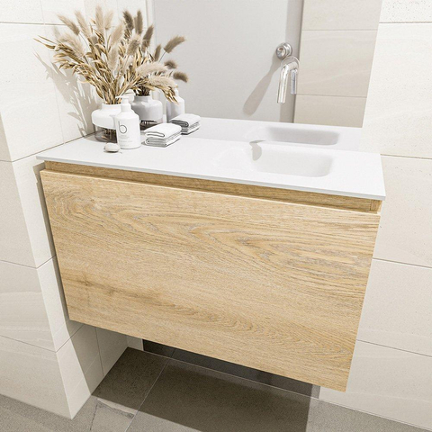MONDIAZ OLAN Kit lave-mains - 80x30x40cm - 0 trous de robinet - 1 tiroir - chêne blanchi mat - lavabo à droite - Solid Surface Blanc SW473480