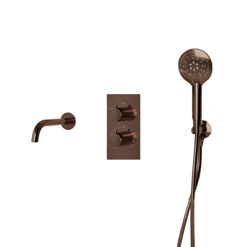 Fortifura Calvi Badkraan set - uitloop - 22cm inkortbaar - metalen slang - ronde handdouche - inbouwdeel - wandhouder - PVD - geborsteld koper SW1244027