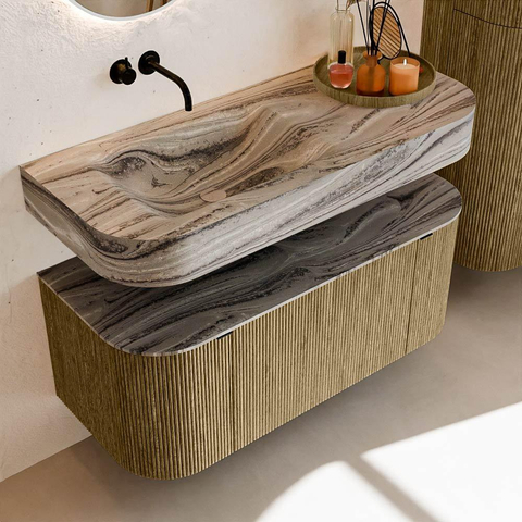 MONDIAZ THOR-DLUX Meuble de salle de bains 110cm arrondi gauche + droite couleur Dusk avec 1 tiroir et 2 portes. Vasque suspendue CLOUD Gauche sans trou de robinet couleur Sombra. SW1463041