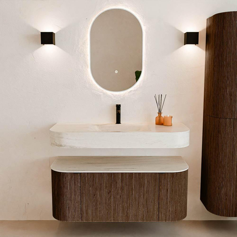 MONDIAZ THOR-DLUX 110cm badmeubel ronding links + rechts kleur Walnut met 1 lade en 2 deuren. Vrijhangende wastafel CLOUD Midden 1 kraangat kleur Meli. SW1462932